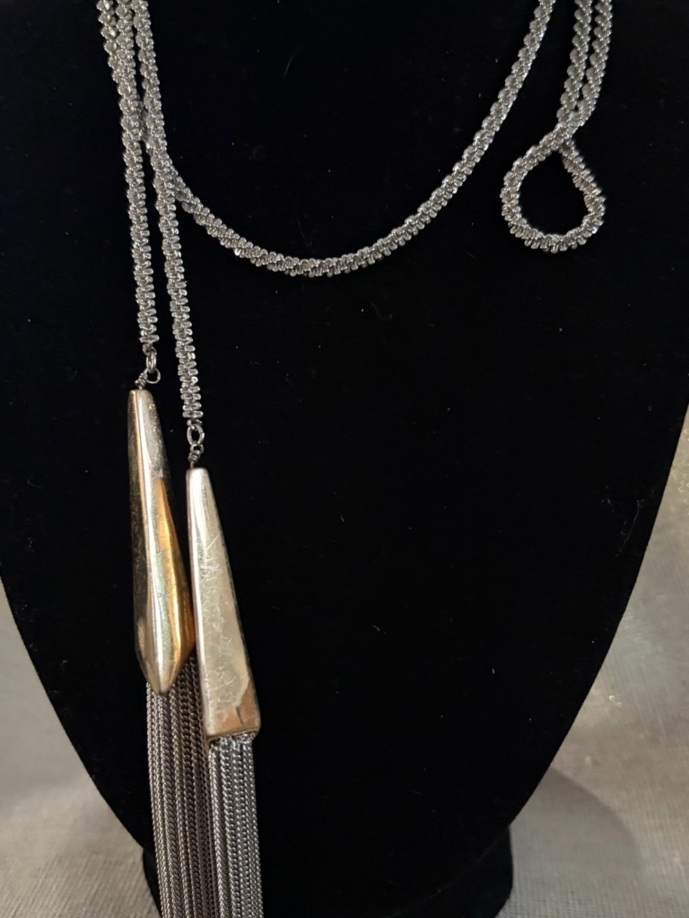 Long Silver Tassel Lariat Necklace with Gold Accents - Picture 2 of 4